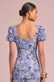 Floral Light Blue Mermaid Square Neck Long Wedding Guest Dress with Slit