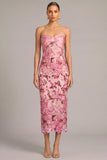 Pink Sheath Floral Strapless Embroidered Midi Wedding Guest Dress with Slit