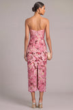 Pink Sheath Floral Strapless Embroidered Midi Wedding Guest Dress with Slit