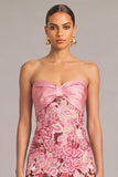 Pink Sheath Floral Strapless Embroidered Midi Wedding Guest Dress with Slit