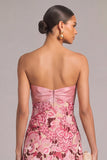 Pink Sheath Floral Strapless Embroidered Midi Wedding Guest Dress with Slit