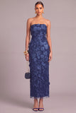 Navy Sheath Strapless Floral Long Appliqued Wedding Guest Dress with Slit