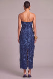 Navy Sheath Strapless Floral Long Appliqued Wedding Guest Dress with Slit