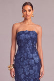 Navy Sheath Strapless Floral Long Appliqued Wedding Guest Dress with Slit