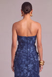 Navy Sheath Strapless Floral Long Appliqued Wedding Guest Dress with Slit