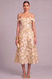 Champagne Off the Shoulder Lace Up A-Line Floral Midi Wedding Guest Dress