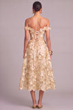 Champagne Off the Shoulder Lace Up A-Line Floral Midi Wedding Guest Dress
