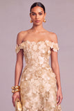 Champagne Off the Shoulder Lace Up A-Line Floral Midi Wedding Guest Dress