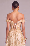 Champagne Off the Shoulder Lace Up A-Line Floral Midi Wedding Guest Dress