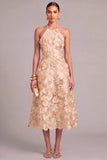 Champagne A-Line Halter Floral Midi Wedding Guest Dress