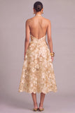 Champagne A-Line Halter Floral Midi Wedding Guest Dress