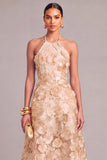 Champagne A-Line Halter Floral Midi Wedding Guest Dress