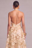 Champagne A-Line Halter Floral Midi Wedding Guest Dress