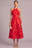 Champagne A-Line Halter Floral Midi Wedding Guest Dress