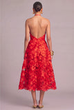 Champagne A-Line Halter Floral Midi Wedding Guest Dress