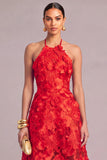 Champagne A-Line Halter Floral Midi Wedding Guest Dress