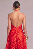 Champagne A-Line Halter Floral Midi Wedding Guest Dress