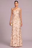 Champagne Mermaid One Shoulder Floral Long Wedding Guest Dress