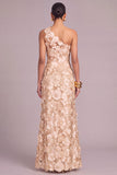 Champagne Mermaid One Shoulder Floral Long Wedding Guest Dress
