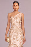 Champagne Mermaid One Shoulder Floral Long Wedding Guest Dress