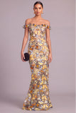 Yellow Mermaid Off the Shoulder Long Lace Up Wedding Guest Dress