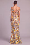 Yellow Mermaid Off the Shoulder Long Lace Up Wedding Guest Dress