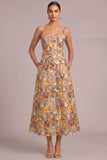 Yellow A-Line Thick Straps Midi Wedding Guest Dress with Pockets