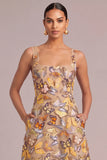 Yellow A-Line Thick Straps Midi Wedding Guest Dress with Pockets