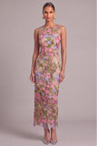 Apricot Sheath Round Neck Floral Long Wedding Guest Dress