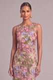 Apricot Sheath Round Neck Floral Long Wedding Guest Dress