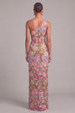 Apricot One Shoulder Floral Appliqued Long Mermaid Wedding Guest Dress