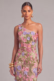 Apricot One Shoulder Floral Appliqued Long Mermaid Wedding Guest Dress