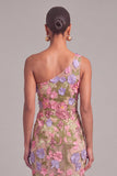 Apricot One Shoulder Floral Appliqued Long Mermaid Wedding Guest Dress