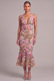 Apricot Mermaid V-Neck Midi Wedding Guest Dress with 3D Flower