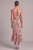Apricot Mermaid V-Neck Midi Wedding Guest Dress with 3D Flower