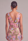 Apricot Mermaid V-Neck Midi Wedding Guest Dress with 3D Flower
