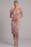 Apricot Sheath Square Neck Midi Wedding Guest Dress with 3D Flower