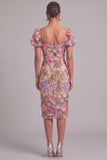Apricot Sheath Square Neck Midi Wedding Guest Dress with 3D Flower
