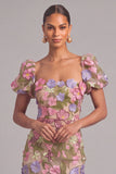 Apricot Sheath Square Neck Midi Wedding Guest Dress with 3D Flower