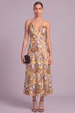 Yellow A-Line V-Neck Midi Wedding Guest Dress with Butterflies