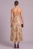 Yellow A-Line V-Neck Midi Wedding Guest Dress with Butterflies