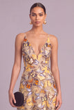 Yellow A-Line V-Neck Midi Wedding Guest Dress with Butterflies