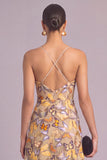 Yellow A-Line V-Neck Midi Wedding Guest Dress with Butterflies
