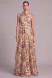 Yellow A-Line High Neck Long Cap Sleeves Wedding Guest Dress