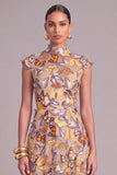 Yellow A-Line High Neck Long Cap Sleeves Wedding Guest Dress