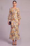 Yellow Mermaid Boat Neck Long Wedding Guest Dress with Sleeves
