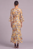 Yellow Mermaid Boat Neck Long Wedding Guest Dress with Sleeves