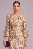 Yellow Mermaid Boat Neck Long Wedding Guest Dress with Sleeves