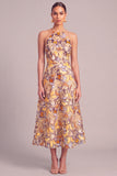 Yellow A-Line Round Neck Midi Wedding Guest Dress with Butterflies