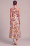 Yellow A-Line Round Neck Midi Wedding Guest Dress with Butterflies